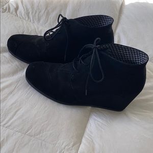 Black faux suede wedge booties